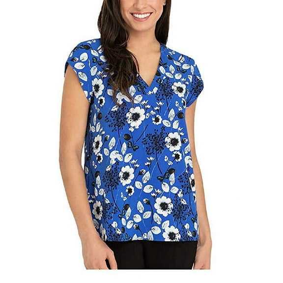 Hilary Radley Women's Short Sleeve Blouse, Cobalt Ivory Floral, Medium - NEW
