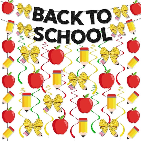 Xizondidi Back to School Decorations 48PCS First Day of School Party Decorations Back to Class Banner Apple Pencil Bow Paper Hanging Swirls Hanging Decor for Kindergarten