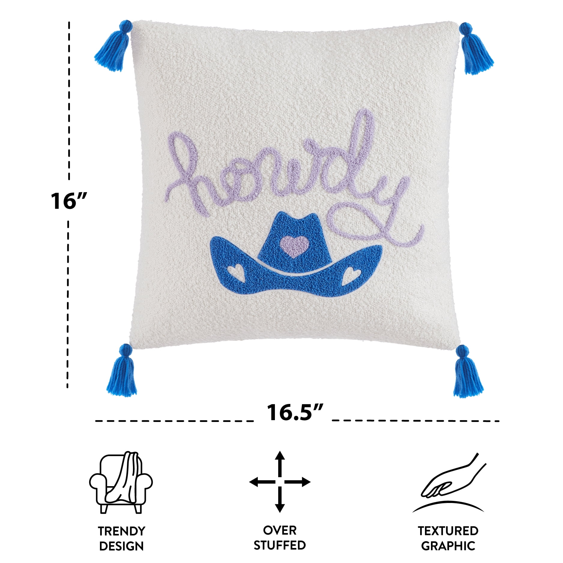 Mainstays 'Howdy' Blue Tasseled Decorative Pillow, 16.5" L x 16" W
