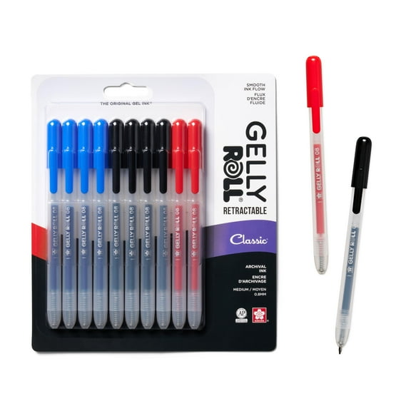 Sakura Gelly Roll Retractable Gel Pens Colored - Classic Color Set - Medium Point Ink Pen for Journaling, Art, or Drawing - Colored Gel Pens with Black, Blue & Red Ink - 10 Pack