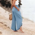 thumbnail image 4 of Nestiefly Linen Pants Women Summer Wide Leg Smocked Waist Ruffle Hem Pants Boho Flowy Beach Vacation Pant with Pockets Light Blue 3XL, 4 of 7
