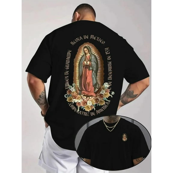 Religious Summer T-Shirt – Our Lady of Guadalupe Floral Back Design, Mint Green Catholic Tee, Comfortable Daily Faith Wear