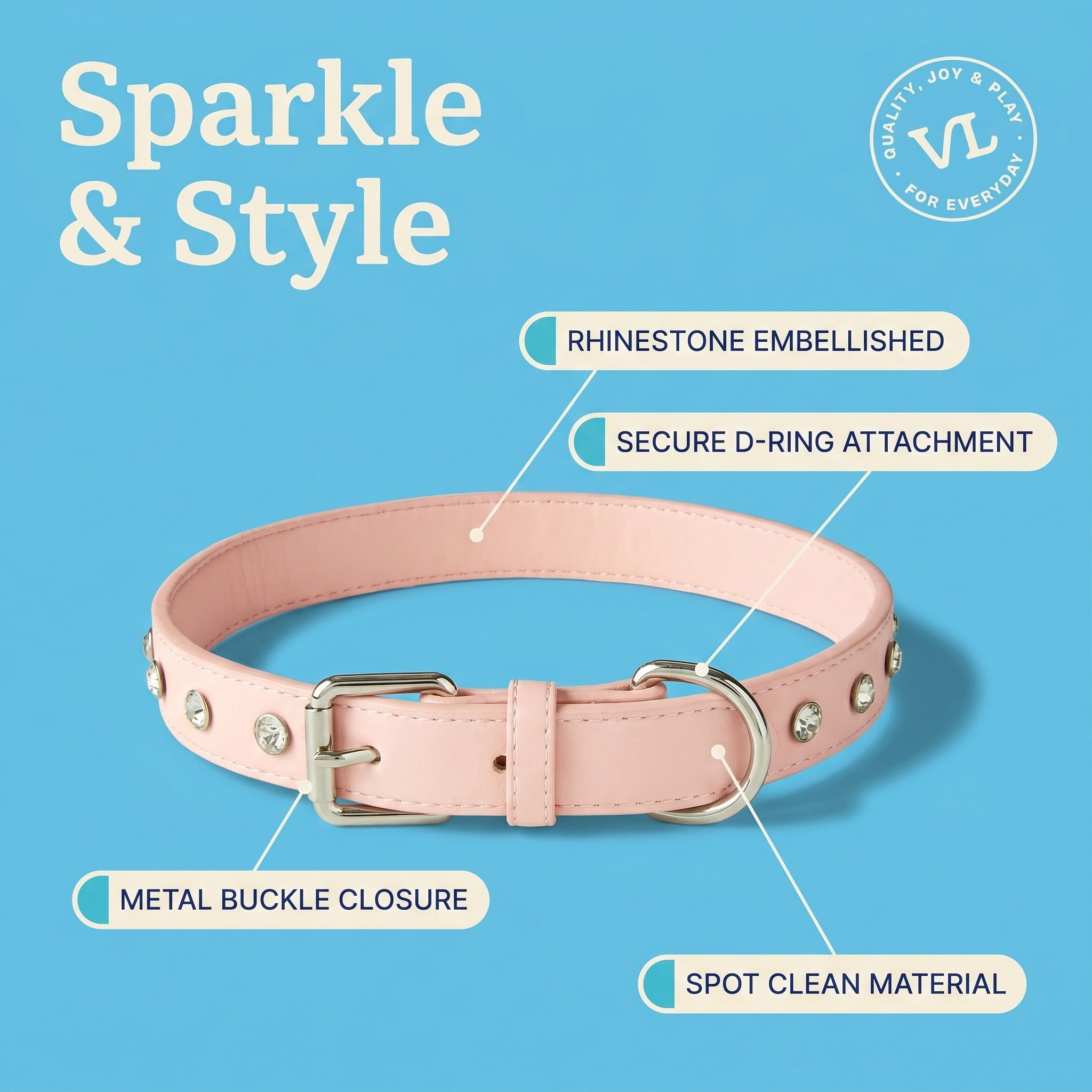 Vibrant Life Rhinestone Studded Adjustable Dog Collar, Pink, Large