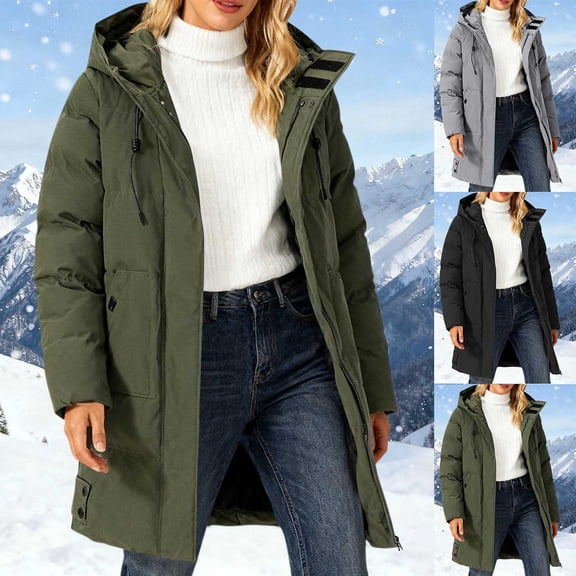 ThriftyPlait Women Long Hooded Parka Puffer Jacket Plus Size Drawstring Adjustable Collar Multi Pocket Windproof Coat Thick Winter Warm Outdoor Coat