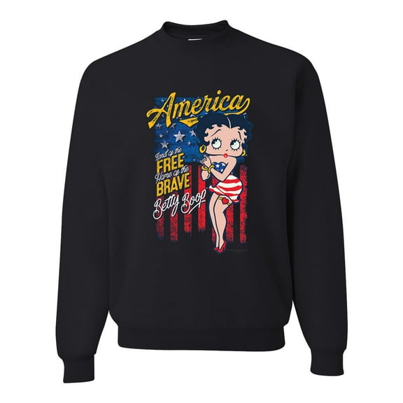 Wild Bobby, Betty Boop America Land of the Free Home of the Brave Betty Boop Unisex Crewneck Sweatshirt, Black, Small