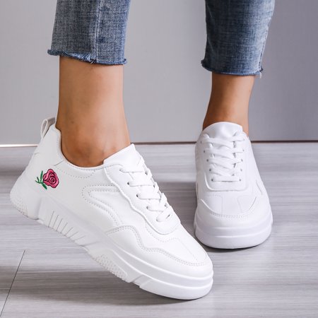 

Women‘s Casual Sneakers Floral Embroidery White Shoes Low Top Lace-up Skate Shoes