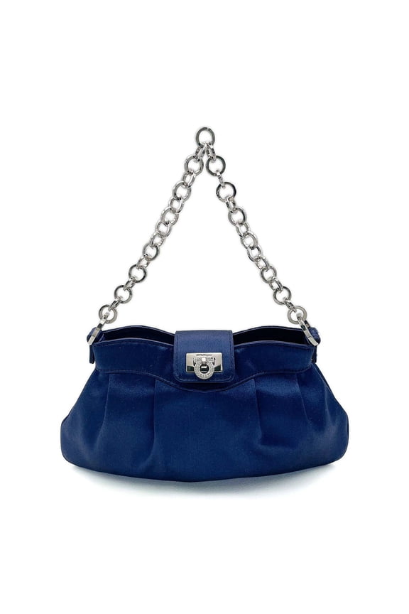 Pre-Owned Salvatore Ferragamo Gancini Rhinestone Chain Pouch Handbag Mini Satin Metal Blue...