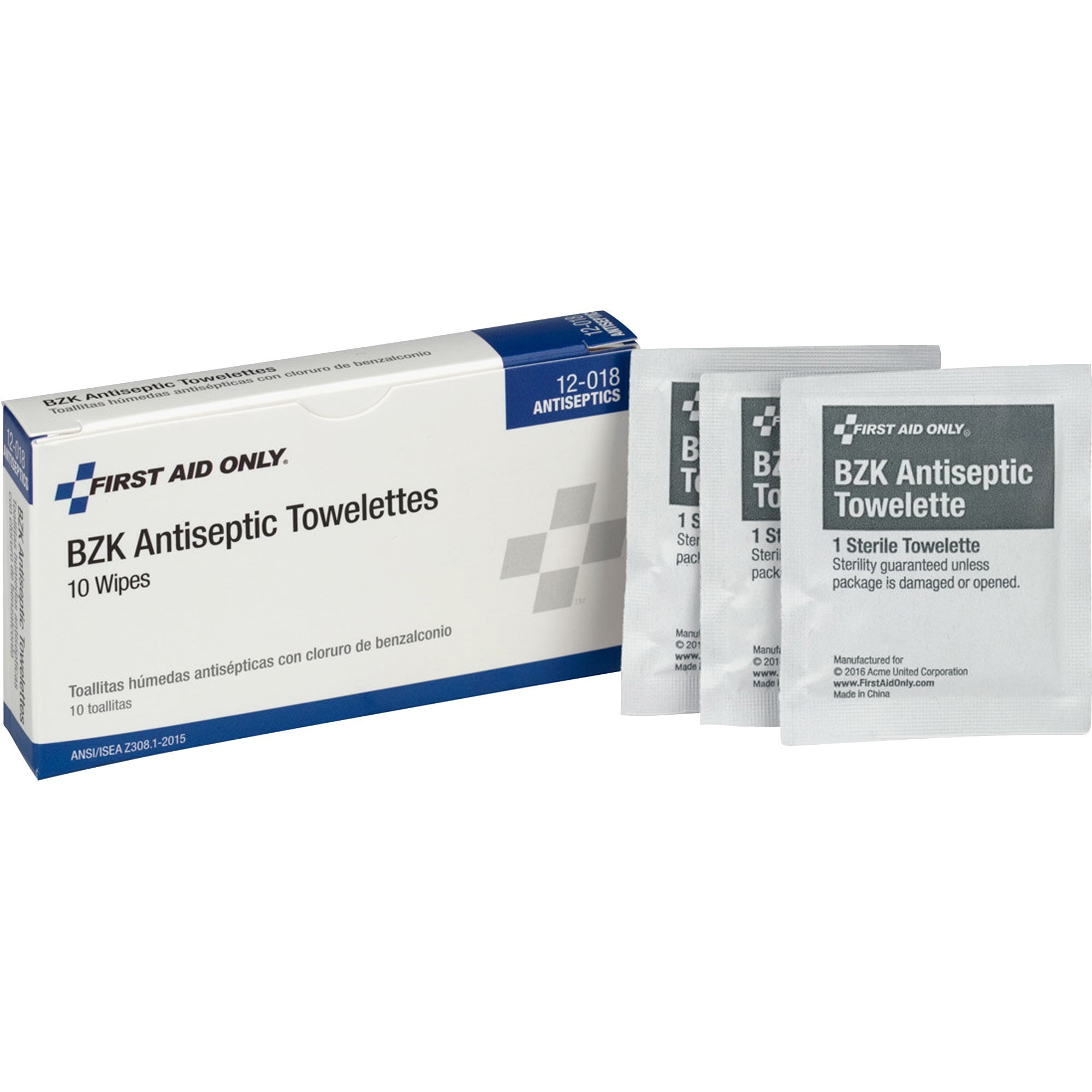 First Aid Only BZK Antiseptic Towelettes, White, 10 / Box (Quantity