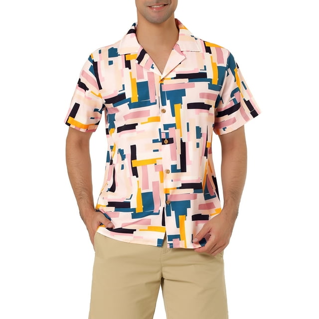 Unique Bargains Men's Summer Shirts Short Sleeve Irregular Geometric Button Down Shirt