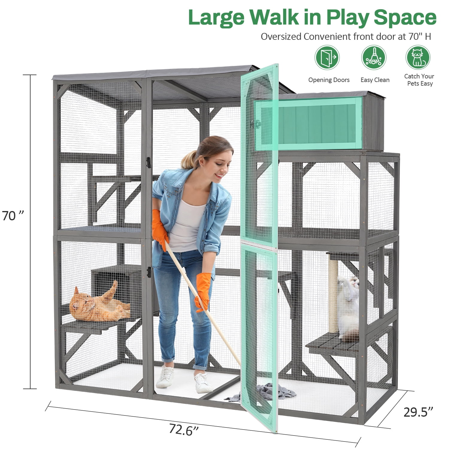 Wooden Outdoor Catio Enclosure for Pets with Scratching Post, Multi-Level Perches & Hideaways, Weatherproof Indoor/Outdoor Cat House with Roof, 5 Platforms & Resting Den, UV-Resistant