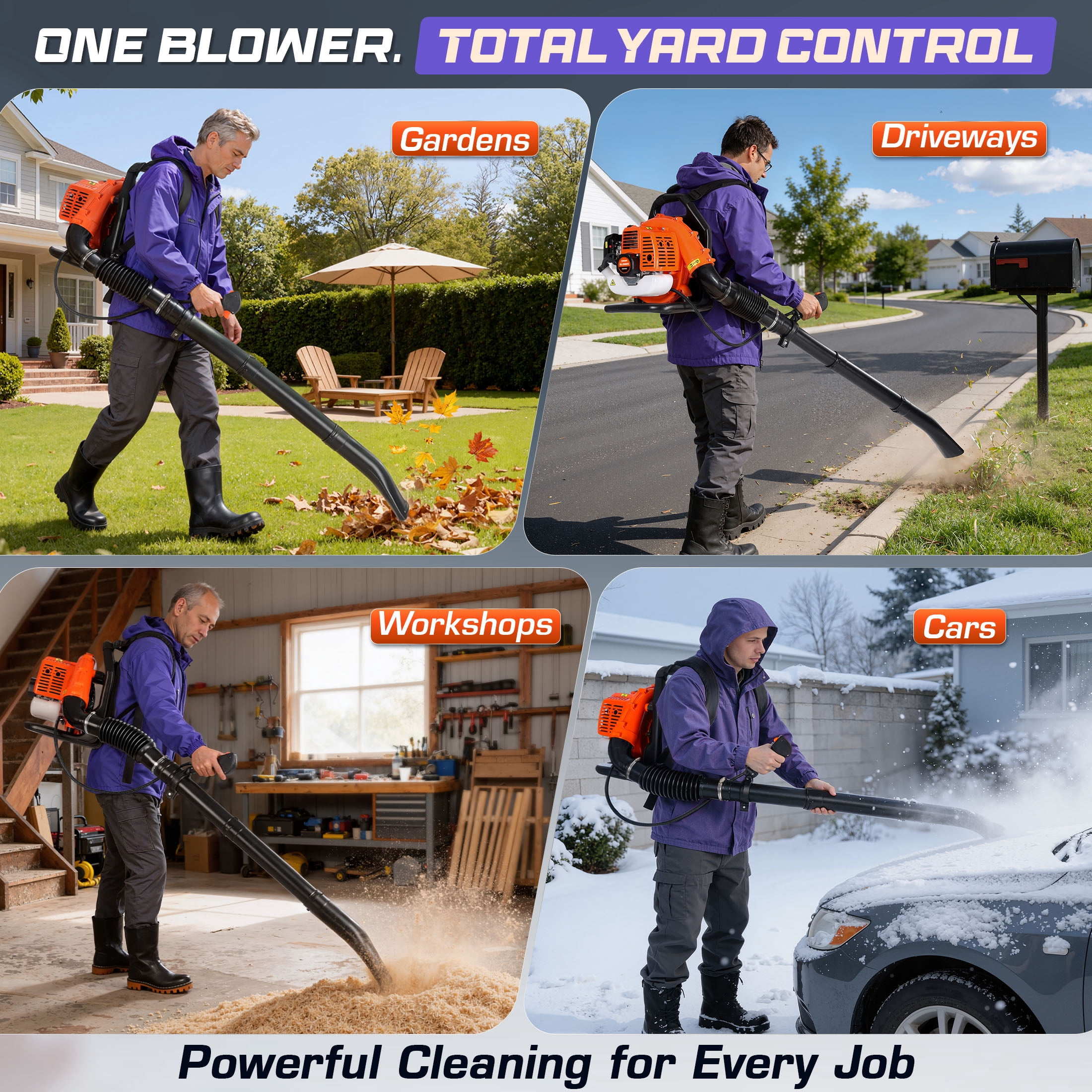 52cc 603 CFM 224 MPH Lightweight Backpack Leaf Blower Gas Powered, 2-Cycle Gasoline Blower with Cruise Control, Professional Backpack Blowers for Lawn Care, Large Yard Waste, Grass & Debris Cleaning