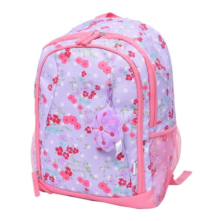 CRCKT Kids Young Girls 15-inch School Backpack with Plush Dangle Accessory, Purple Floral Print
