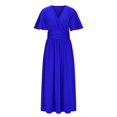 thumbnail image 4 of Vestido Maxi de Manga Larga para las Mujeres Caída Sólido de Manga Corta Cuello en V Plisado Vestido Maxi Midi, Cintura Elástica Boho Vestido de Playa con Bolsillos, 4 of 9
