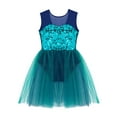 thumbnail image 3 of iEFiEL Kids Girls Dance Leotard Shiny Sequins Bodice Mesh Patchwork Modern Dance Dress Lake Green 12, 3 of 7