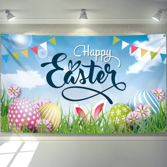 KatchOn, XtraLarge Happy Easter Banner - 72x44 Inch | Easter Bunny Wall Banner | Happy Easter Decorations Outdoor | Easter Backdrops for Photography