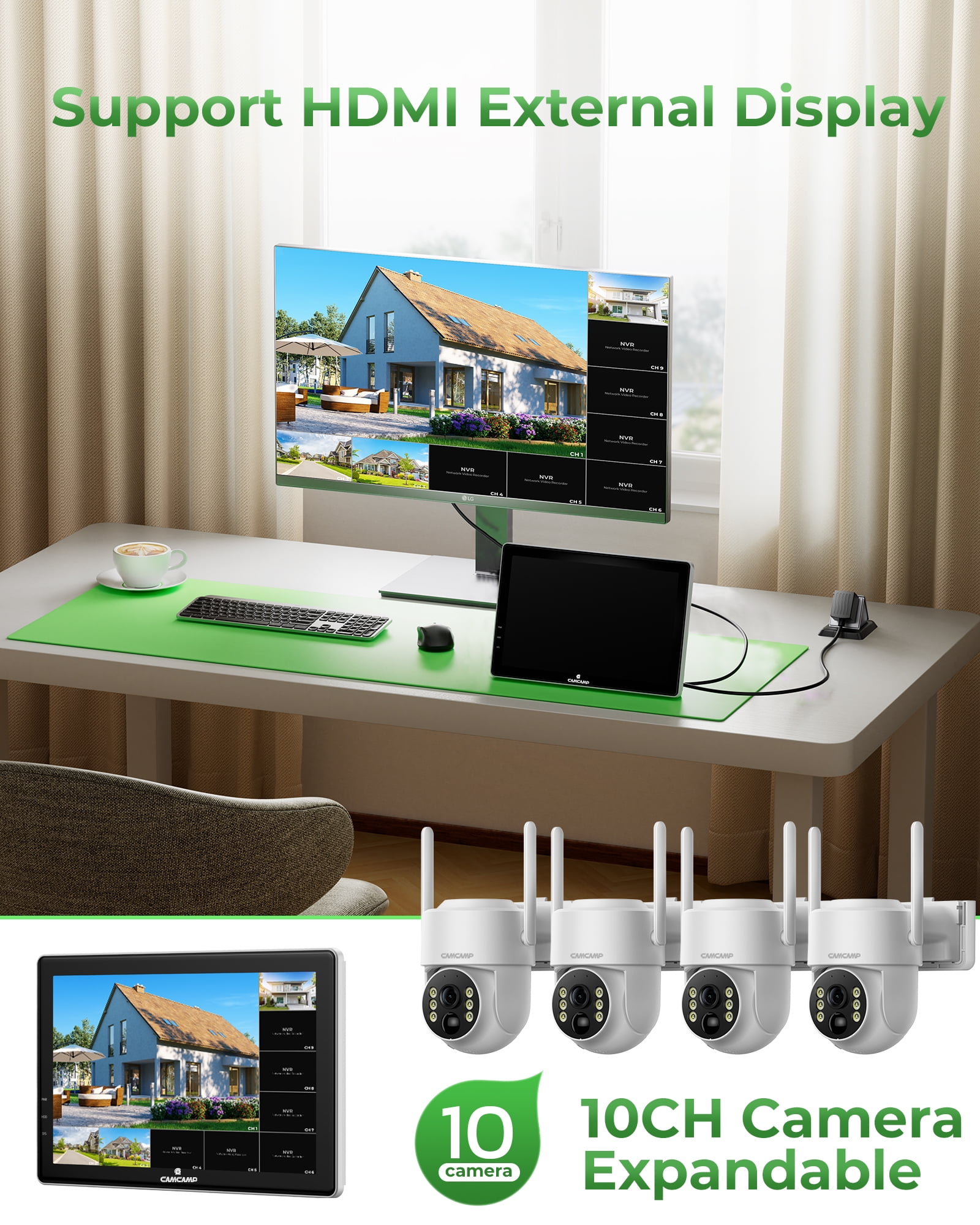TOGUARD SC43 2K/4MP Solar Wireless Security Camera System with 10CH 10.1" NVR Monitor Dome Surveillance Camera HDMI Connector