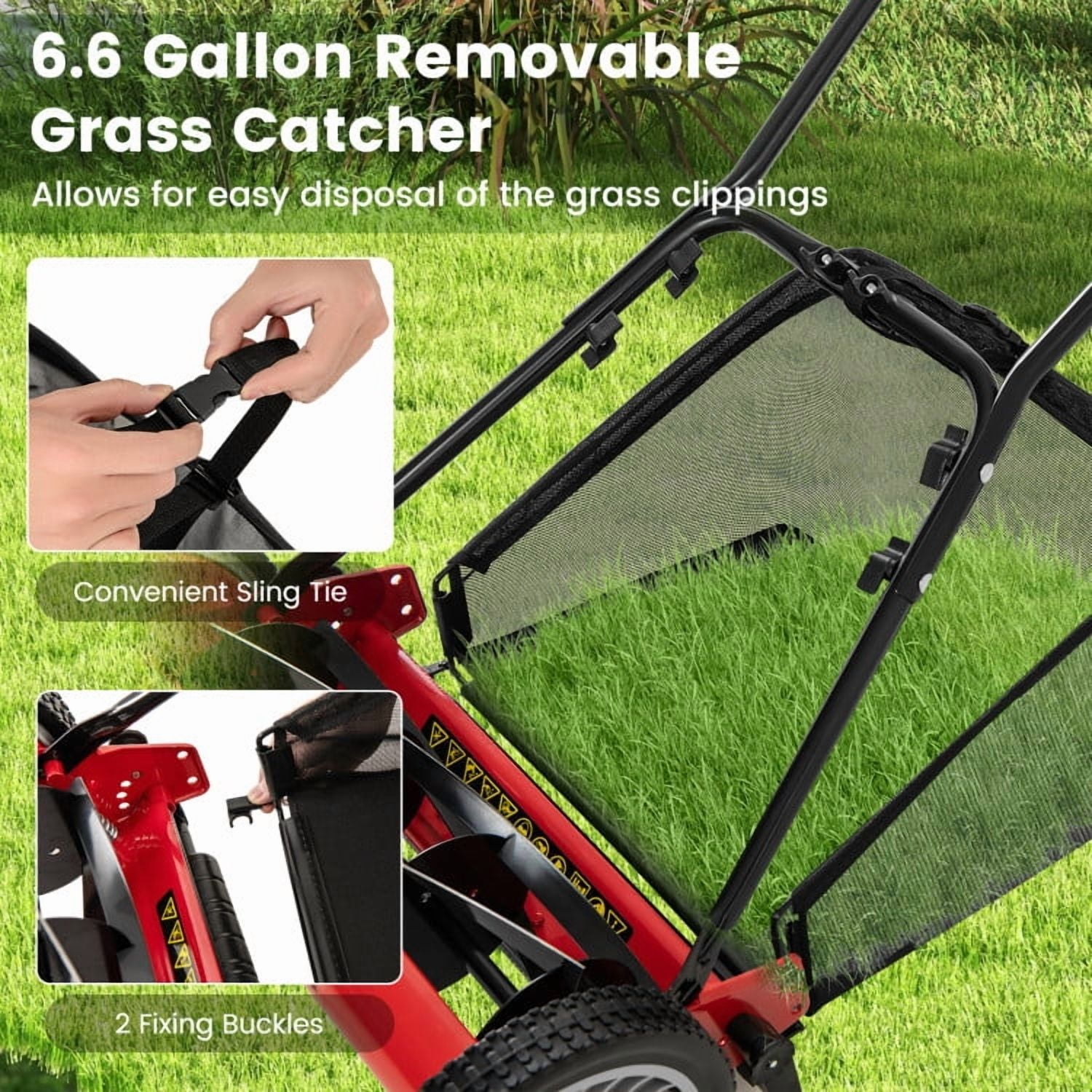 YYAo 16 Inch Push Lawn Mower with 5 Steel Blades and Grass Catcher Bag-Red