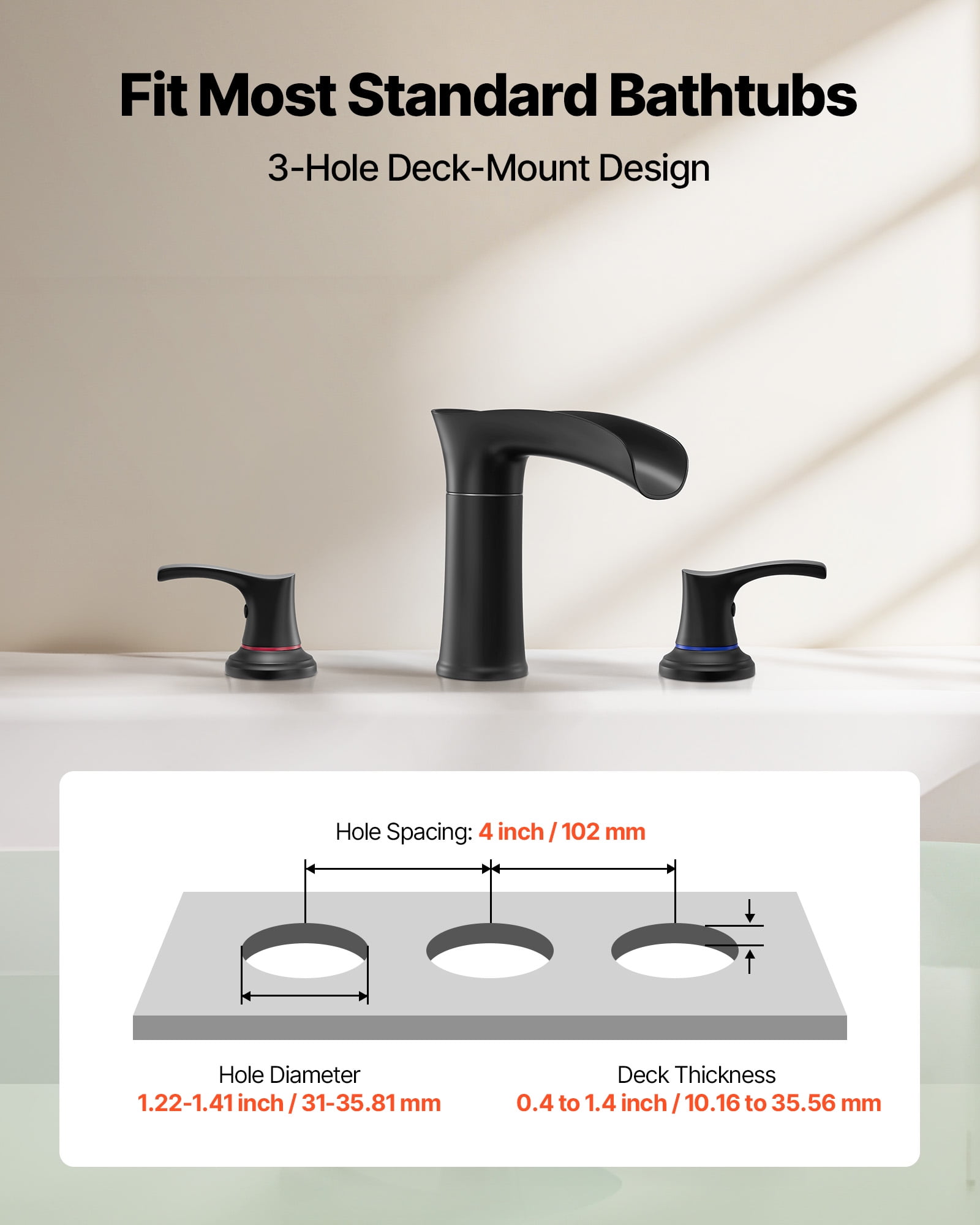 VEVOR Roman Tub Faucet, 3 Hole Waterfall Bathtub Faucet, Zinc Alloy Bath Tubs Faucets Set with 2 Handles, Deck Mount Bath Tub Faucets Set for Pet Washing, Baby Care, Adult Bathing, Matte Black