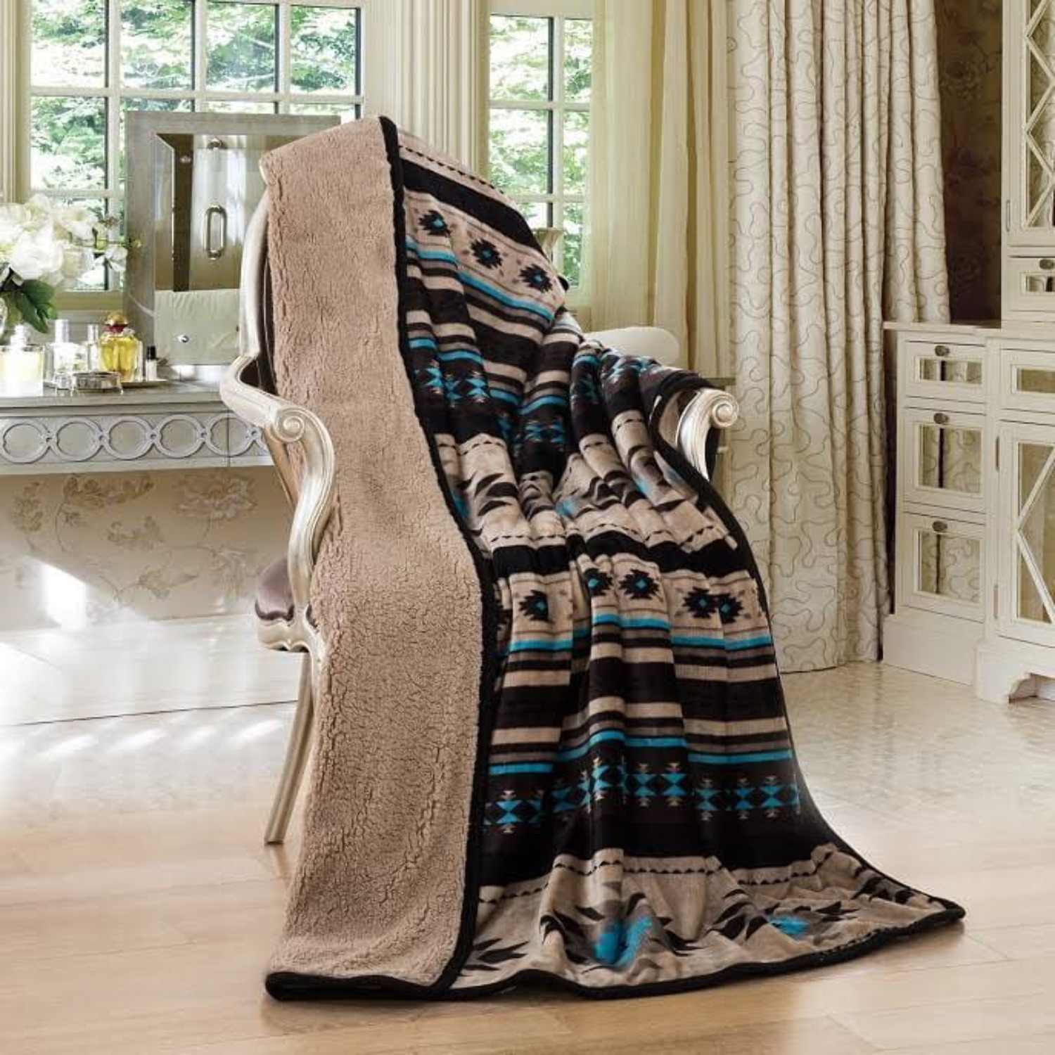 Southwestern Aztec Sherpa Borrego Fleece Throw Blanket