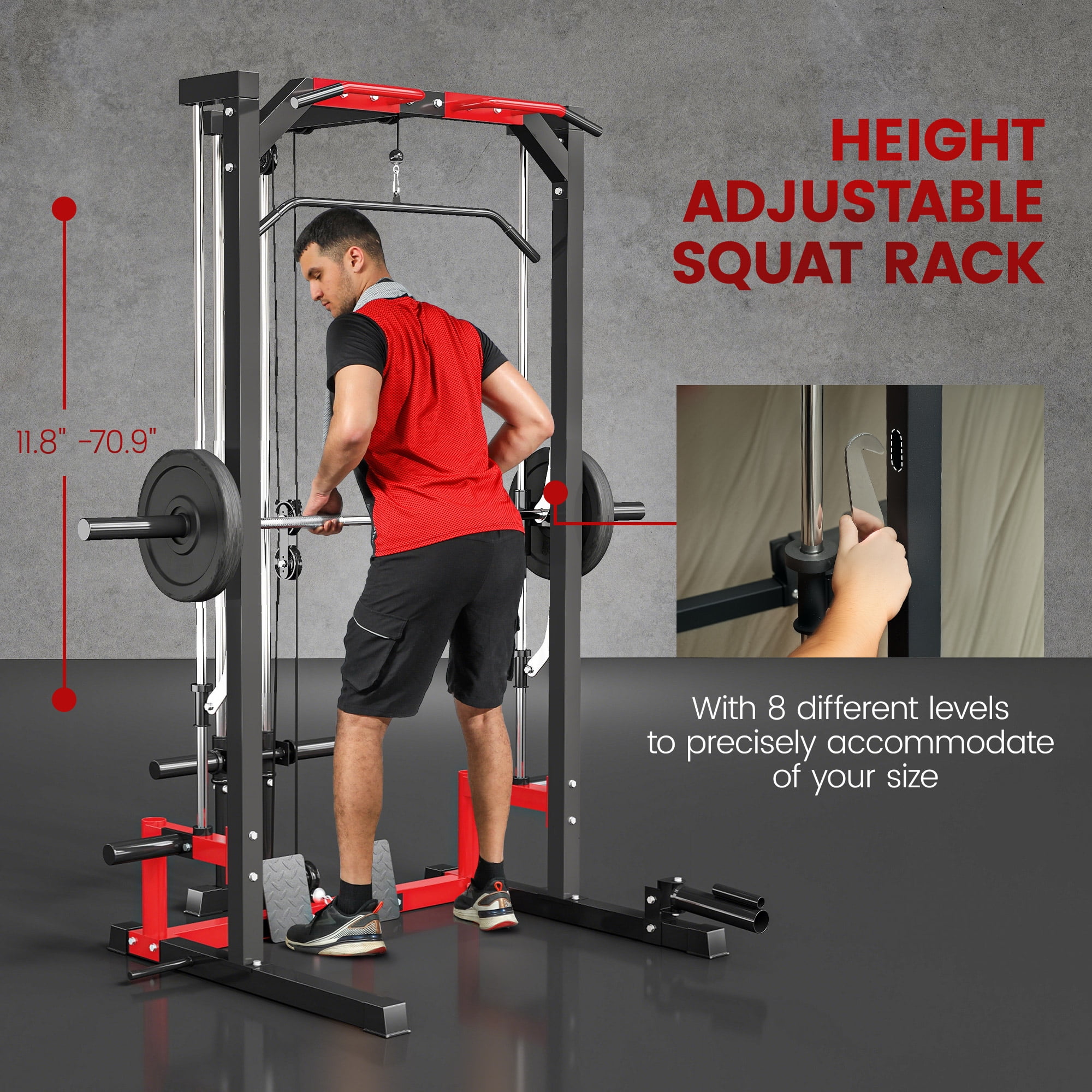 Soozier Multi-Function Smith Machine Power Rack with Pull Up Bar, Lat Pull Down System, Landmine, Squat Rack, Barbell Bar, for Home Gym