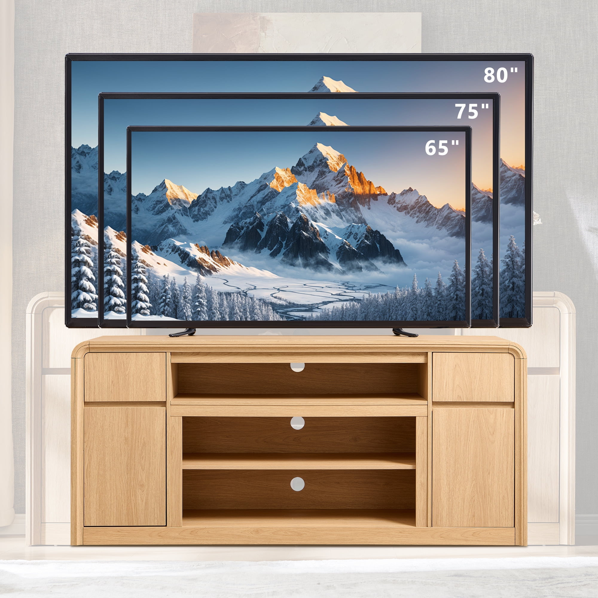 70" Modern TV Stand for TVs Up to 80 inch, 32" Tall Entertainment Center, Wood Media Console & Adjustable Shelves for Living Room, Curved Profile Design