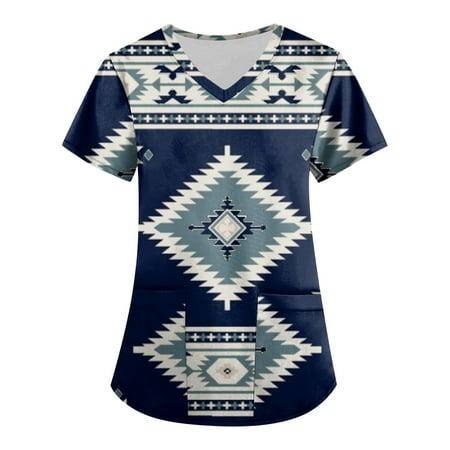 

TQWQT Women Aztec Prined Scrubs Plus Size Short Sleeve V Neck Printed Nursing Uniform Western Ethnic Graphic Scrub Tops