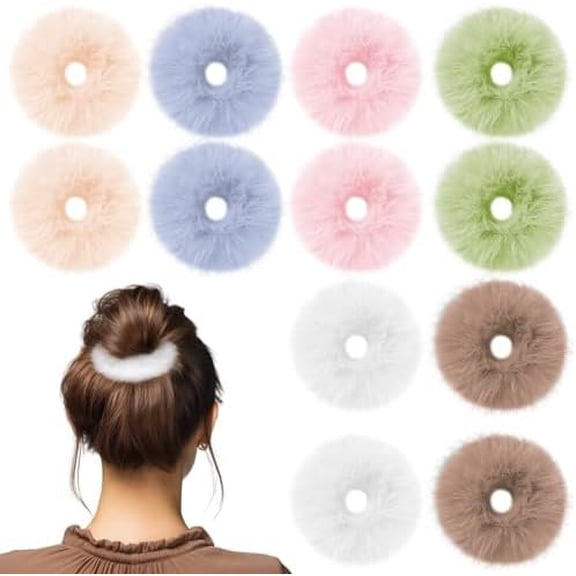 12 count Furry Hair Scrunchies for Women, Elastic Bobbles Hair Bands Ponytail Holders Soft Pom Pom Hair Ties for Women Hair Accessories 6 Colors
