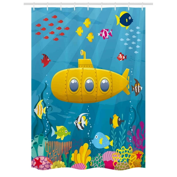 Yellow Submarine Stall Shower Curtain, Coral Reef with Colorful Fish Ocean Life Marine Creatures Tropic Kid, Fabric Bathroom Set with Hooks, 54W X 78L Inches, Blue Yellow Pink, by Ambesonne