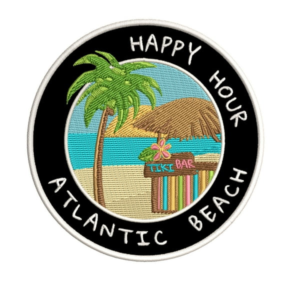 Happy Hour! Atlantic Beach, Florida 3.5 Inch Iron Or Sew On Embroidered Fabric Badge Patch Ocean Beach, Salt Life Iconic Series