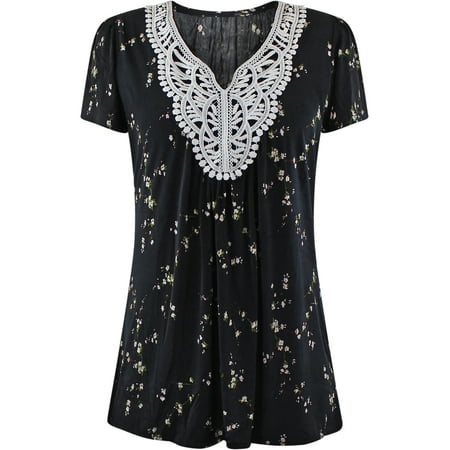 Luxury Cowl Neck Top - Short Sleeve Floral Crochet Neck Womens Top