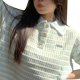 thumbnail image 3 of Top de manga corta de punto para mujer, camiseta informal de verano con botones y cuello vuelto a rayas, 3 of 8