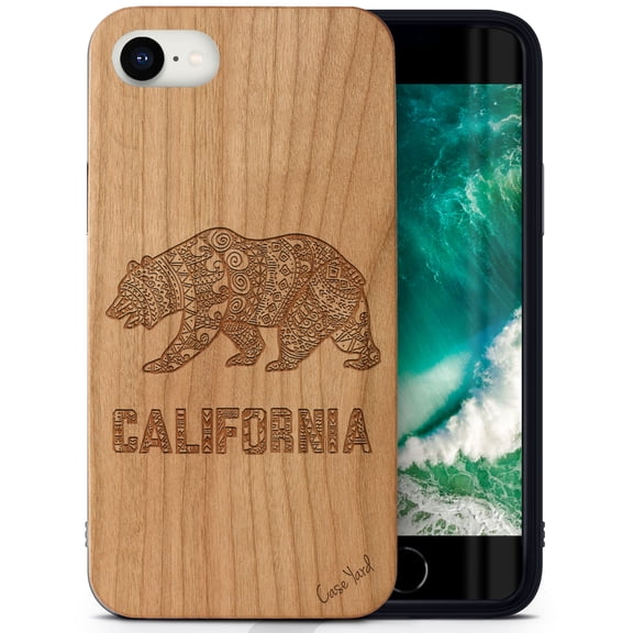 Case Yard Wooden Case Outside Soft TPU Silicone, Slim Fit Shockproof Wood Protective Phone Cover for Girls Boys Men and Women, Supports Wireless Charging California Grizzly Design case for iPhone-SE