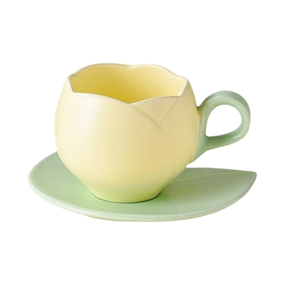 Ceramic Coffee Mug with Saucer Set,Tulip Shaped Tea Cup with Leaf Saucer,Aesthetic Pastel Porcelain Cup for Latte,Cappuccino and Home Office Decor-Beige