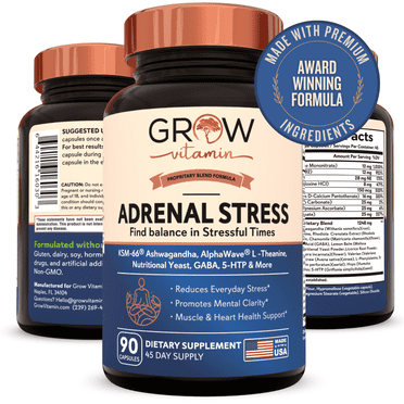 Grow Vitamin Adrenal Stress Advanced Formula, Organic KSM-66 Ashwagandha With AlphaWave L-Theanine, 5-HTP, Magnesium Blend - Everyday Stress Relief, Mood Support, Cognitive, Brain Health, 90 Capsules
