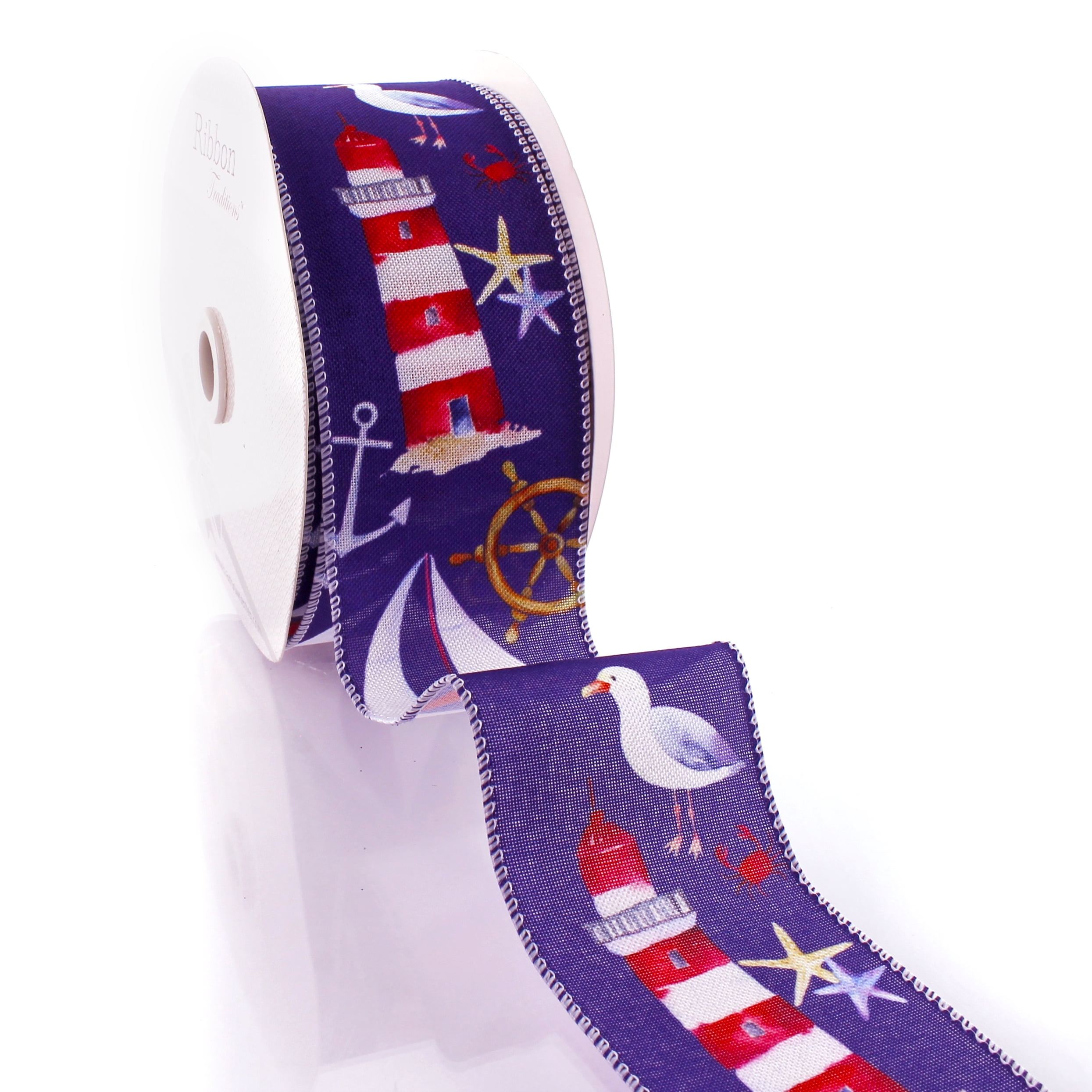2 1/2" Wired Ribbon Nautical Seaside Mix Navy 25yds