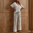 thumbnail image 2 of BiZtdJrK 2 Piece Lounge Set Women Ribbed Knit Comfy Sleepwear Outfits V Neck Short Sleeve and Pants Matching Pajama Sets Khaki S, 2 of 5
