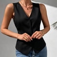 thumbnail image 2 of Women Solid Color V Neck Sleeveless Suit Vest, Button Front Casual Waistcoat Fashion Layering Outerwear for Spring Summer Autumn Daily Wear Black, 2 of 6