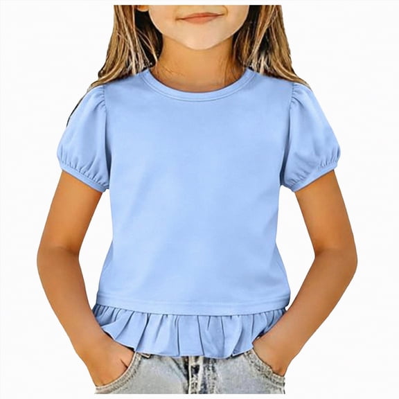 Zanarzt Girls Spring Top Girls Ruffle Puff Sleeve T Shirts Summer Short Sleeve Casual Cute Crewneck Tops Tees 7-8 Years,Light Blue