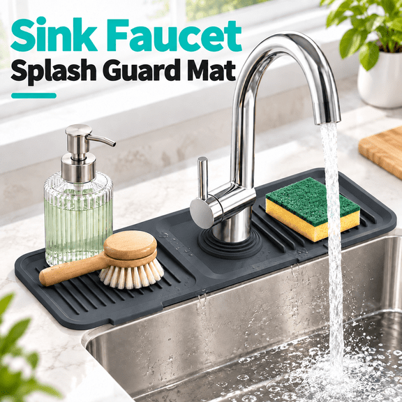OZERAA 17.7 Inch Silicone Faucet Mat for Kitchen Sink, 5° Slope Fast Self‑Draining Sink Splash Guard Draining Mat