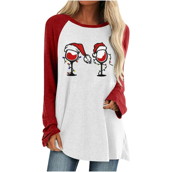 Christmas Wine Glass Ladies Christmas Print Red Wine Glass Loose Long Sleeve Round Neck Pullover Top T-Shirt Top Red Long Sleeve Red Wine Glass
