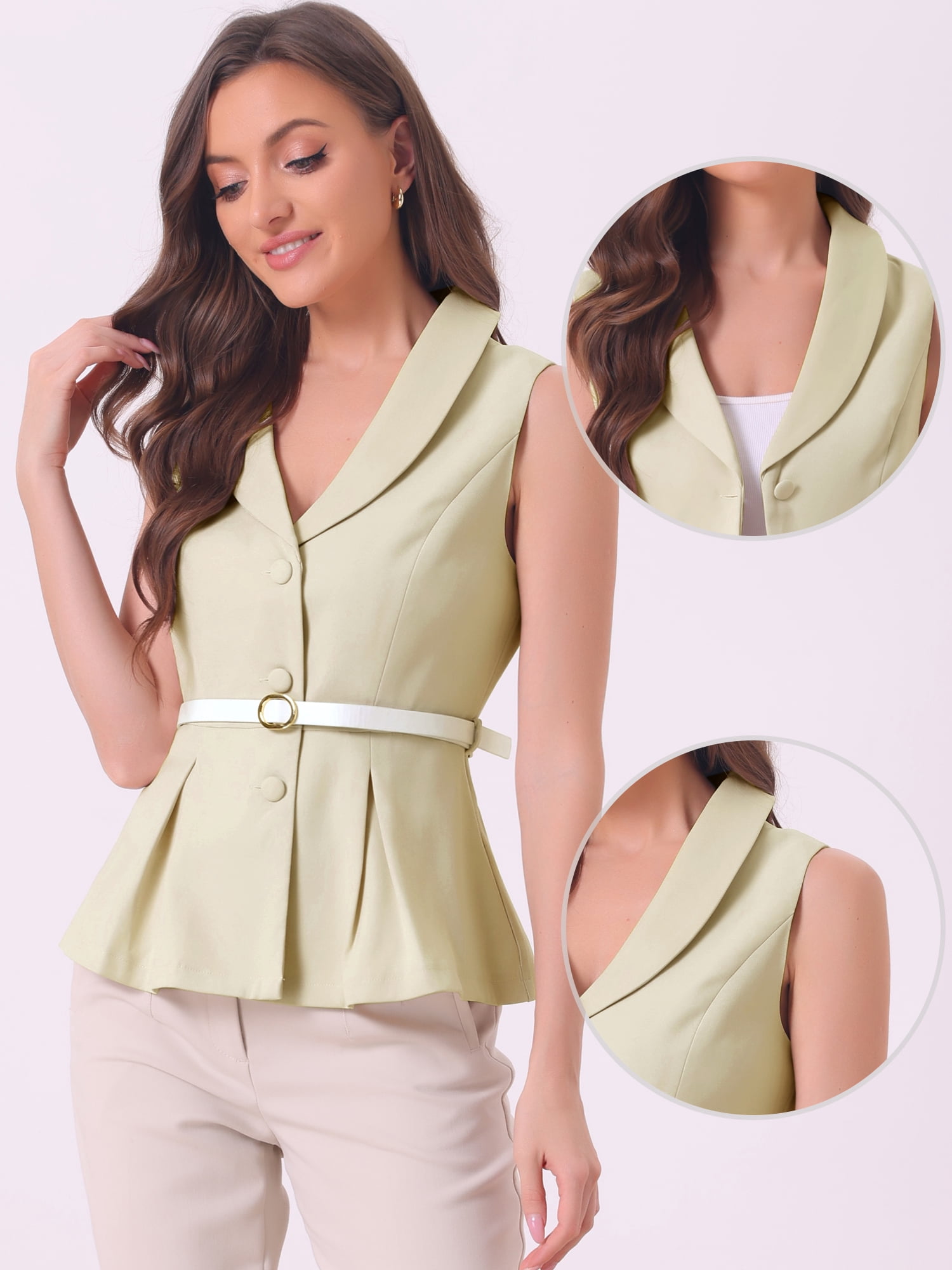 DARING DIVA Women's Lapel Collar Button Down Sleeveless Blazer L Beige