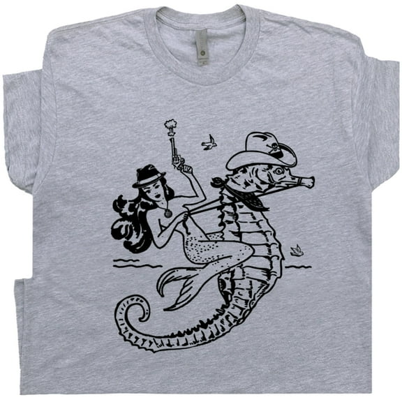 Mermaid Cowgirl T Shirt Cool Vintage Rodeo Pinup Shirts Cute Seahorse Tee For Women Men Retro Outlaw Country Western Theme