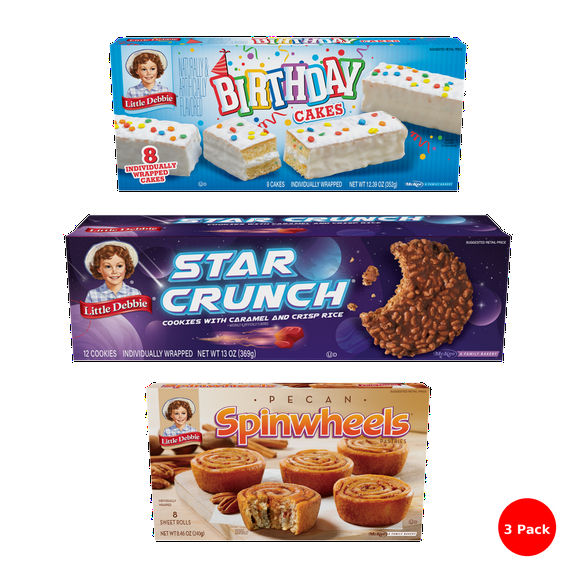 Little Debbie Snack Cake Combo (3 Pack) – Star Crunch - 12 Cookies, Pecan Spinwheels - 8 Sweet Rolls, Birthday Cake - 8 Cakes (All Individually Wrapped)