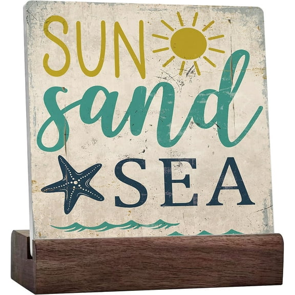 Summer Decor,Sun Sand Sea Ceramic Desk Signs Home Decor,Summer Beach Rustic Ceramic Table Plaque For Desk Decor,Beach Beachy Room Decor,Coastal Beach House Decor,Beach Signs,Beach Table Shelf Decor
