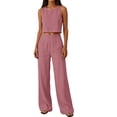 thumbnail image 4 of Khunlpohl Women's 2 Piece Sets Crew Neck Cropped Sleeveless Tank Tops and Straight Leg Loose Pants Summer Trendy Casual Vacation Set, 4 of 7