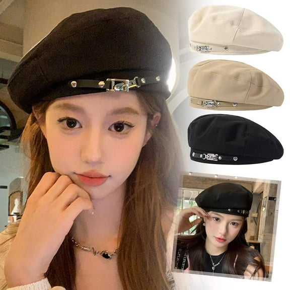 SSKFHGI Black Korean Spring And Autumn Beret Women 2023 New Autumn And Winter Face Small French Octagonal Bud Hat Retro