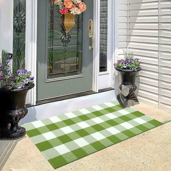 Buffalo Plaid Outdoor Rug Green and White Checkered Front Porch Rug Cotton Woven Washable Door Mat for Layered Hello Welcome Door Mat Farmhouse Entryway
