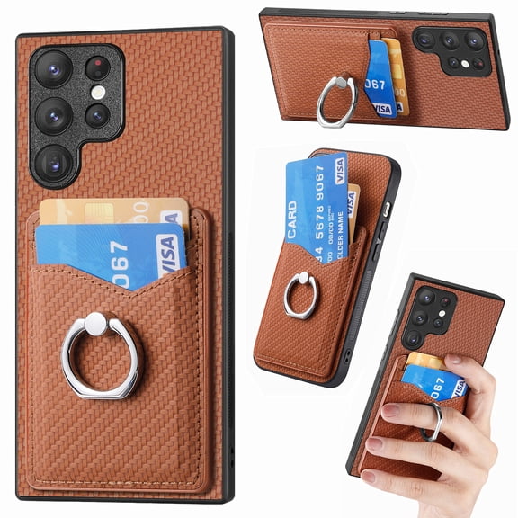 Carbon Fiber Patterned Case For Samsung Galaxy S26 Ultra, Wallet case with [360°Rotation Ring Kickstand] Credit Card Holder,PU Leather Shockproof Cover Women Men For Samsung Galaxy S26 Ultra,Brown