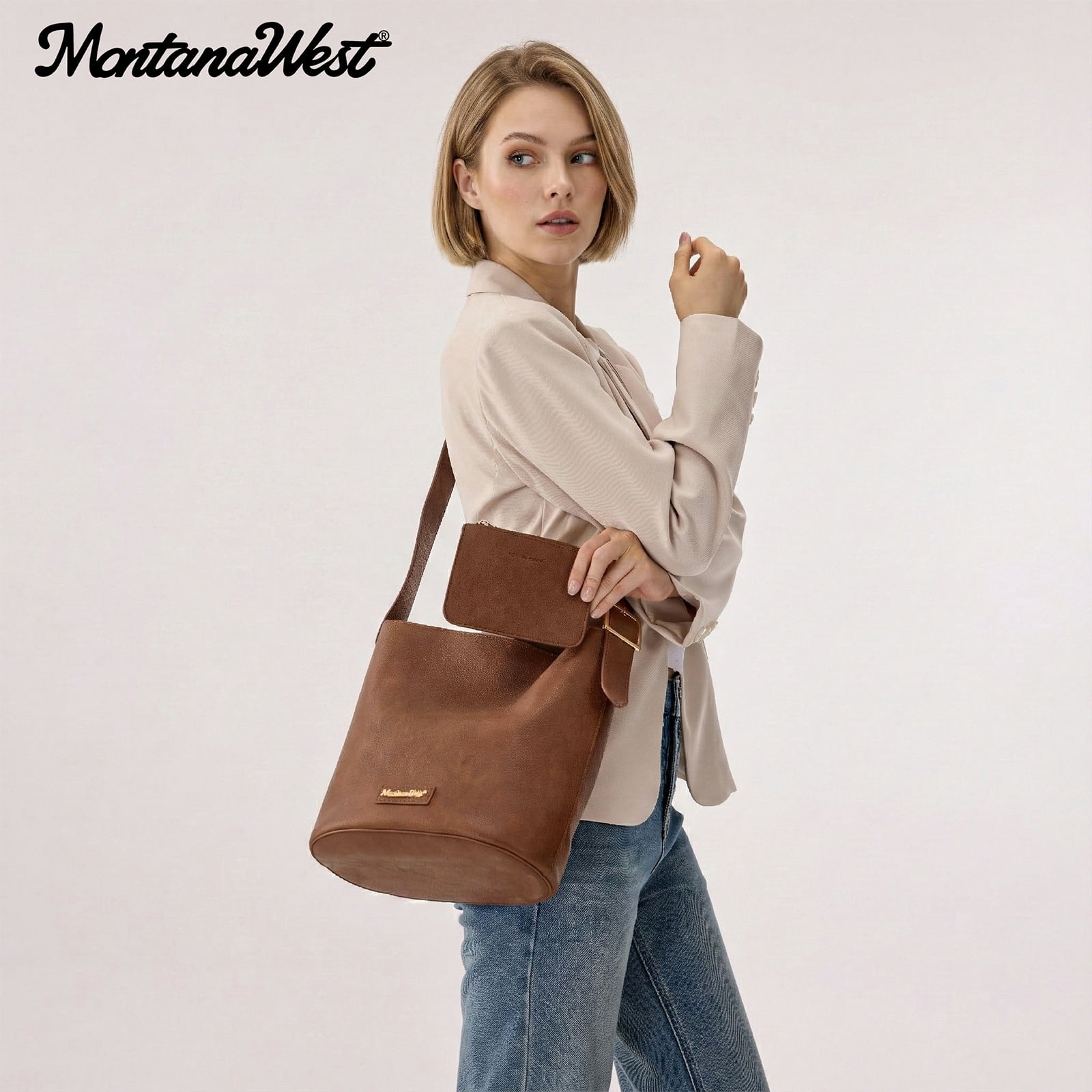 Montana West Medium Hobo Shoulder Bag for Women, 2PCS Slouchy Crossbody Purse with Zipper Pouch, Casual Bucket Handbag, Brown