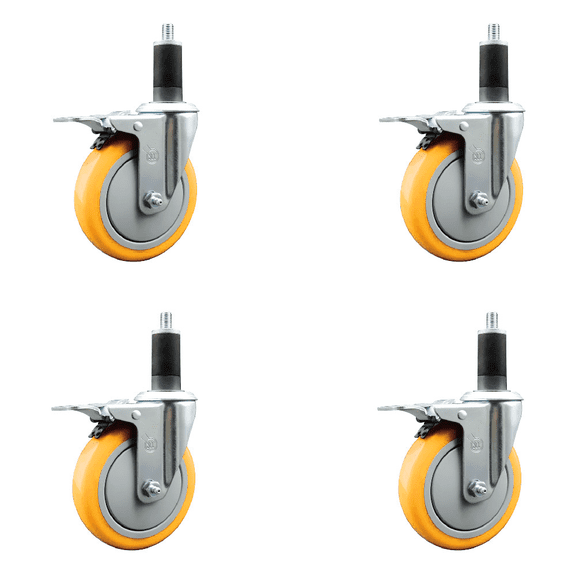 5 Inch 316SS Yellow Poly Swivel 1-1/4 Inch Expanding Stem Caster Set Lock Brake